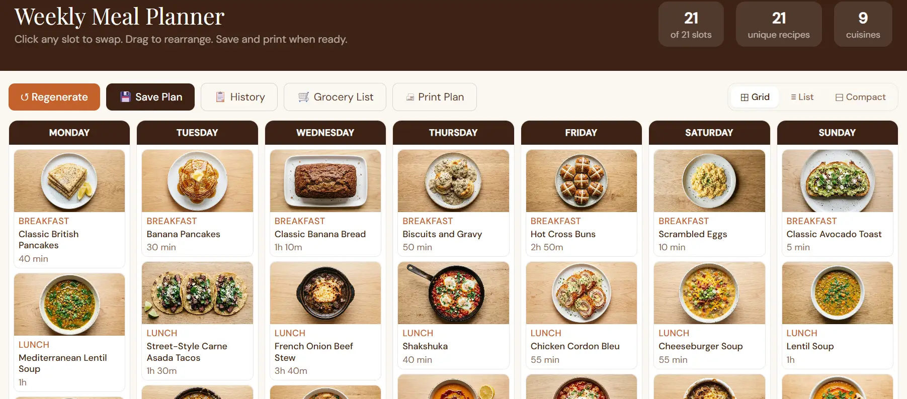DishBoard meal planner grid view showing a 7-day week with breakfast, lunch, and dinner rows