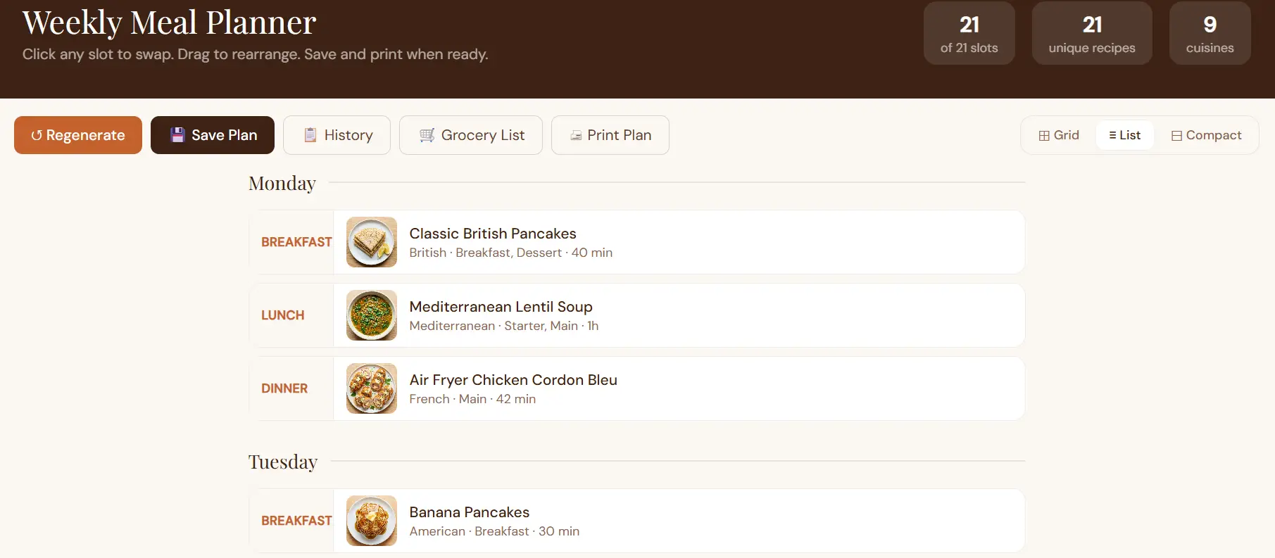 DishBoard meal planner list view with each day stacked vertically